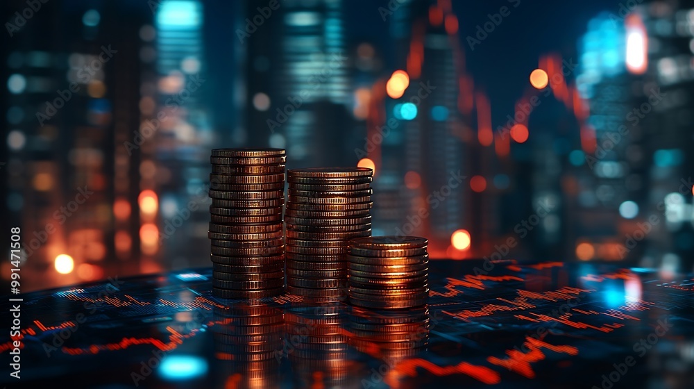 Double exposure of coins stack with graph chart and night cityscape Economic business financial and stock market growth concept : Generative AI Double exposure of coins stack with graph chart and night cityscape Economic business financial and stock market growth concept : Generative AI
