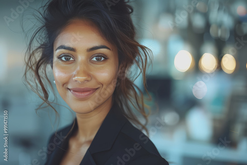 Wallpaper Mural Close-up a young South Asian woman in black suit smiles warmly, happy at work. Torontodigital.ca