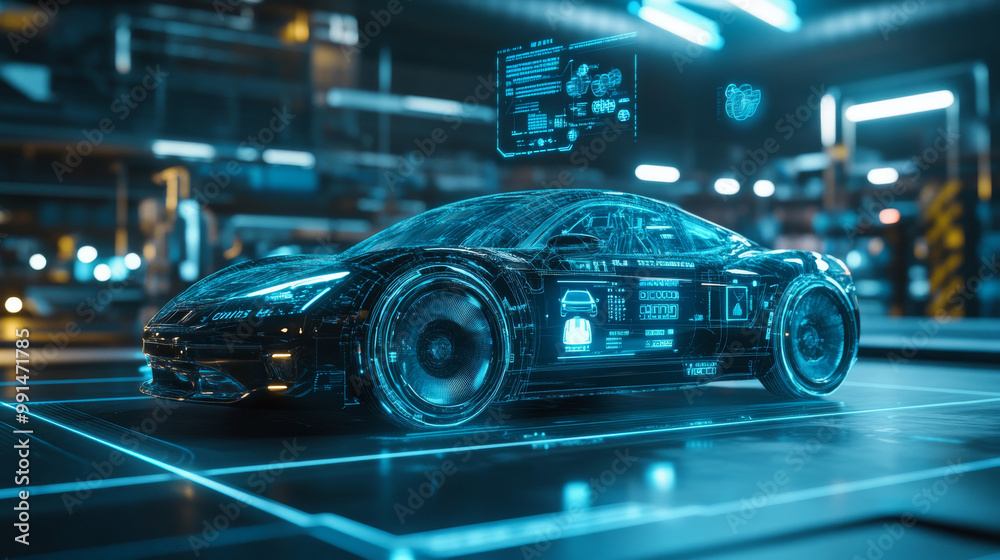 A futuristic car service uses a holographic display to show data. It scans the car and analyzes information, all shown through a virtual interface. A futuristic car service uses a holographic display to show data. It scans the car and analyzes information, all shown through a virtual interface.