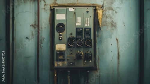 Close-up of a breaker panel with an empty wall behind for text or branding. photo