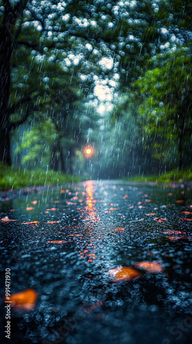 Moody Rainy Day Landscape with Reflections and Vibrant Autumn Foliage in Forest Pathway