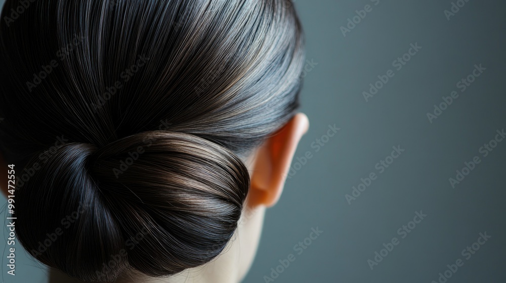 Close-up of a bun hairstyle, with minimal background and large area for text at the top. Close-up of a bun hairstyle, with minimal background and large area for text at the top.