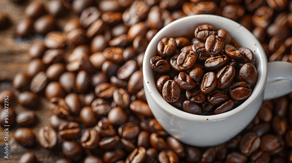 Fototapeta premium Delicious Coffee Beans and Cup on a Copy Space Background – Perfect for Coffee Lovers