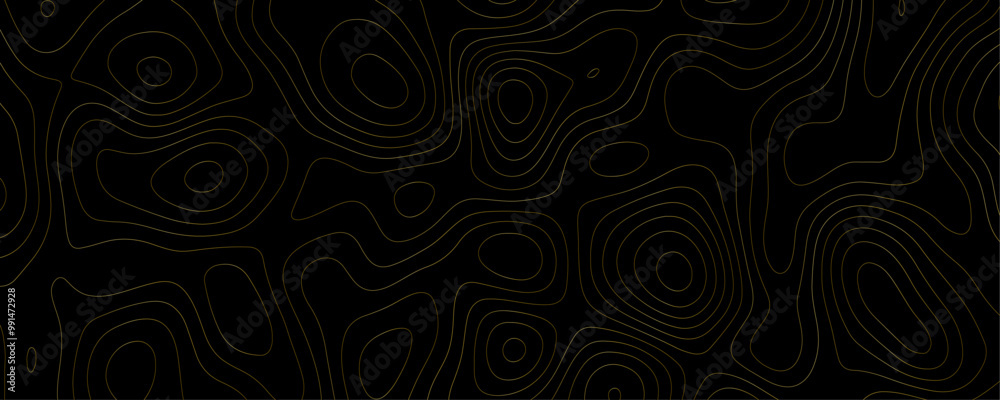Vector Geographic Banner A Black and Gold Abstract Topographic Map with Wavy Terrain Lines and Contoured Relief for Travel and Exploration
