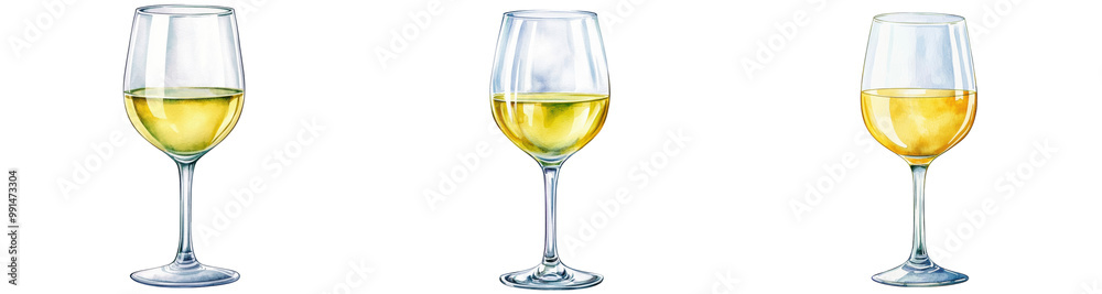 Three glasses of white wine with varying shades, isolated on transparent background Three glasses of white wine with varying shades, isolated on transparent background