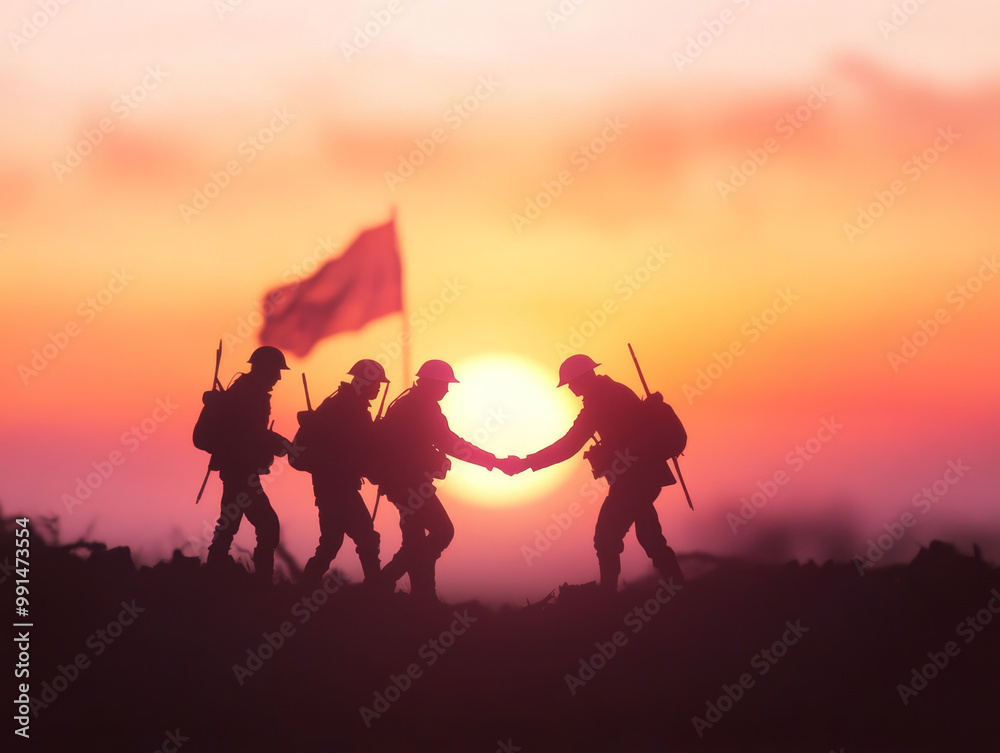 Fototapeta premium Soldiers shaking hands at dawn, symbolizing peace and unity