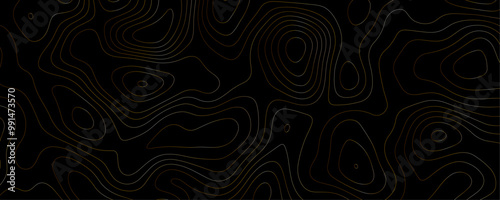 Modern Geographic Topography A Black and Gold Vector Map with Wavy Contour Lines and Abstract Mountain Terrain Design
