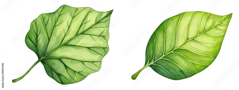 Obraz premium Two detailed green leaves with distinct textures, isolated on transparent background