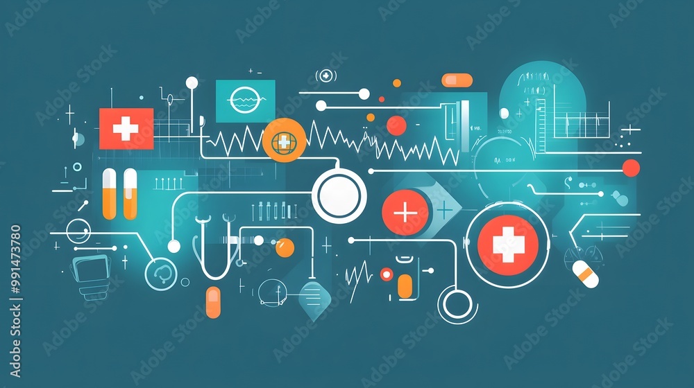Abstract Medical Technology Illustration with White and Orange Icons on a Blue Background Abstract Medical Technology Illustration with White and Orange Icons on a Blue Background