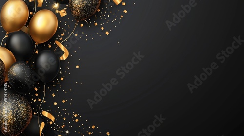 A wide frame of black and gold shiny balloons with sparkling glitter details on a transparent background