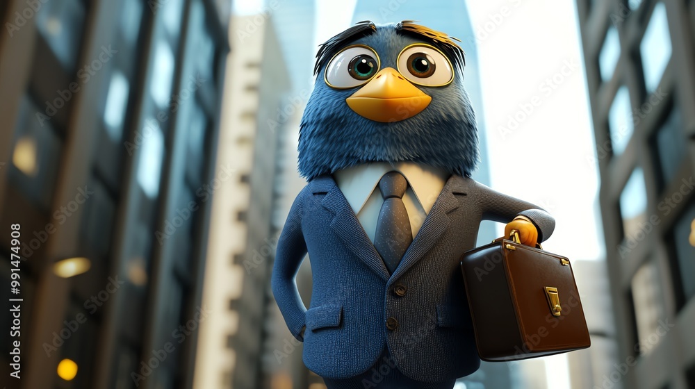 1 Bird in a formal suit, standing in front of a skyscraper, holding a briefcase, confident and powerful, cartoon style 1 Bird in a formal suit, standing in front of a skyscraper, holding a briefcase, confident and powerful, cartoon style