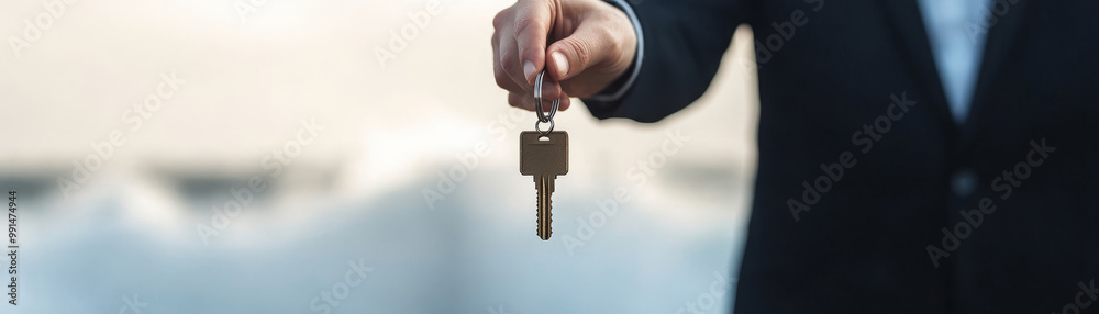 A real estate agent proudly holds keys to new home, symbolizing opportunity A real estate agent proudly holds keys to new home, symbolizing opportunity