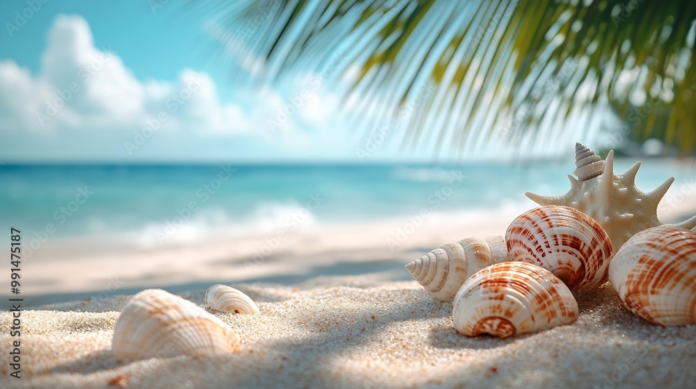 View of sandy beach with shells and palm tree with colored background : Generative AI View of sandy beach with shells and palm tree with colored background : Generative AI