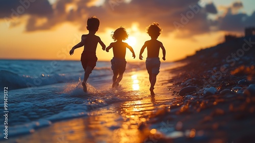 Two children running toward the water at a beach at dusk : Generative AI