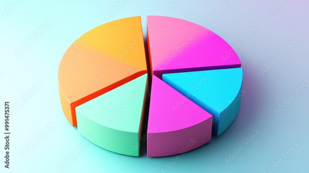 Obraz premium A 3D pie chart in vibrant colors with thick slices, some sections pulled apart for emphasis, placed on a light background with soft shadows for contrast.