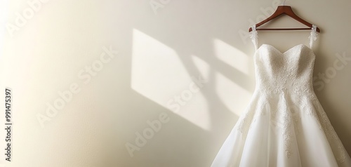 Elegant white wedding dress hanging on a wooden hanger against a neutral wall, illuminated by soft natural light creating a serene and romantic atmosphere.