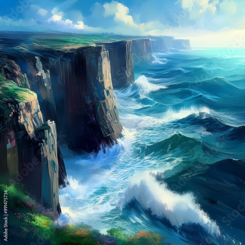 cliffs high sea with big waves blue sea