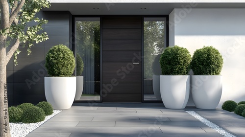 A modern front door with dark wood and glass