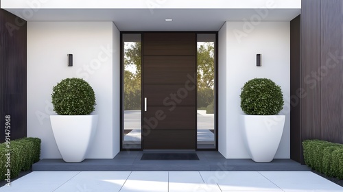 A modern front door with dark wood and glass