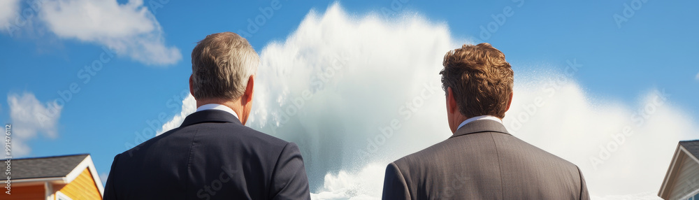 image depicts two men in suits observing large wave approaching, evoking sense of urgency and concern. Two men in suits watching massive wave approaching coastal area