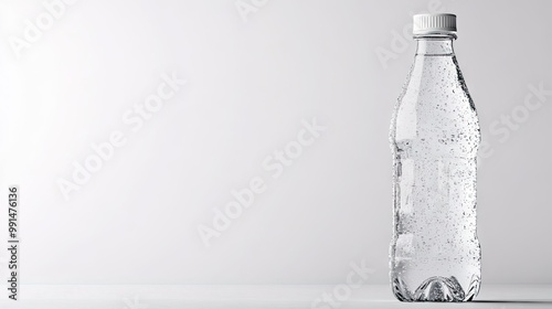 Close-up of a clear water bottle on a white background, with plenty of space on the right for text.