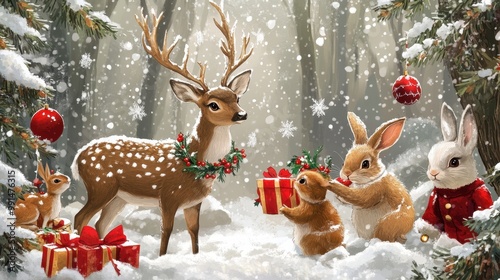 A whimsical scene of animals celebrating Christmas in a snowy forest, with a deer wearing