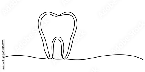 Single line drawing of a tooth, Single continuous line art anatomical human tooth silhouette implant. Healthy medicine recovery molar root cavity concept design world oral health day one sketch 