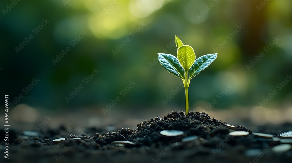 A seedling growing on a pile of coins has a natural backdrop blurry green moneysaving ideas and economic growth : Generative AI A seedling growing on a pile of coins has a natural backdrop blurry green moneysaving ideas and economic growth : Generative AI