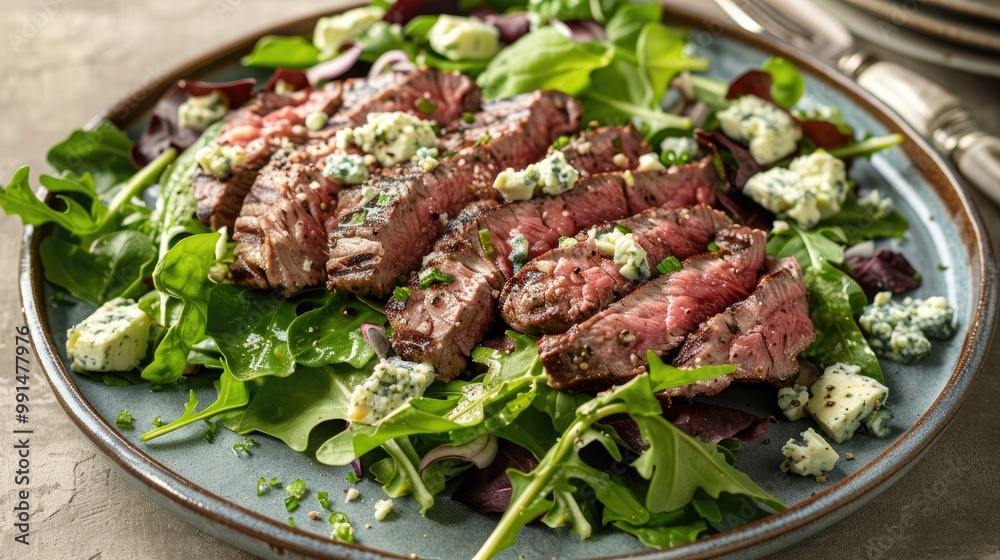 Juicy grilled steak salad with mixed greens and blue cheese Juicy grilled steak salad with mixed greens and blue cheese