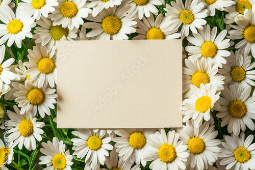 Daisies springtime scenery, nature background. Festive holiday greeting card for Birthday, Woman or Mothers Day, blank copy paper and a greeting card.