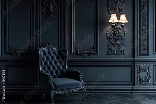 classic grey castle with elegant and strong dragon carving scene, elegant classic wall lamp and calssic wooden dark blue chair with royal carving isolated on dark background  photo