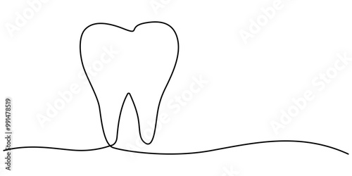 Single line drawing of a tooth, Single continuous line art anatomical human tooth silhouette implant. Healthy medicine recovery molar root cavity concept design world oral health day one sketch 