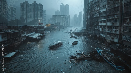 Flooded Cityscape: A haunting view of a Hong Kong cityscape engulfed by a deluge, boats bobbing in the flooded streets, buildings looming through the downpour.