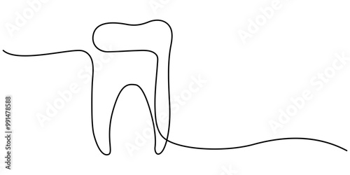 Single line drawing of a tooth, Single continuous line art anatomical human tooth silhouette implant. Healthy medicine recovery molar root cavity concept design world oral health day one sketch 