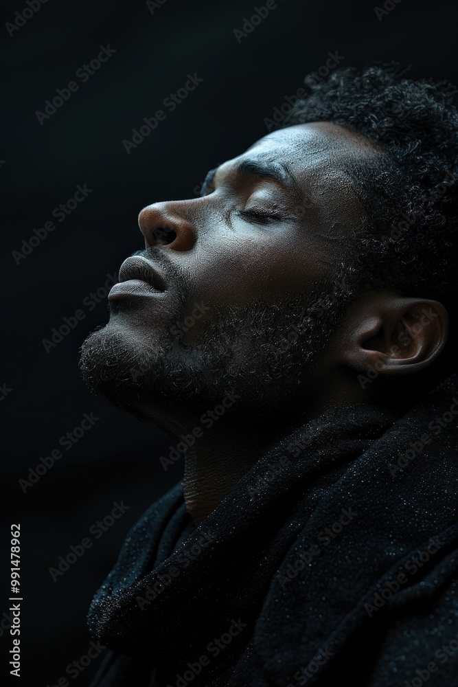 Deep Contemplation and Serenity of a Man with Eyes Closed Clad in Dark Clothing Against a Moody Dark Backgroundcalm Deep Contemplation and Serenity of a Man with Eyes Closed Clad in Dark Clothing Against a Moody Dark Backgroundcalm