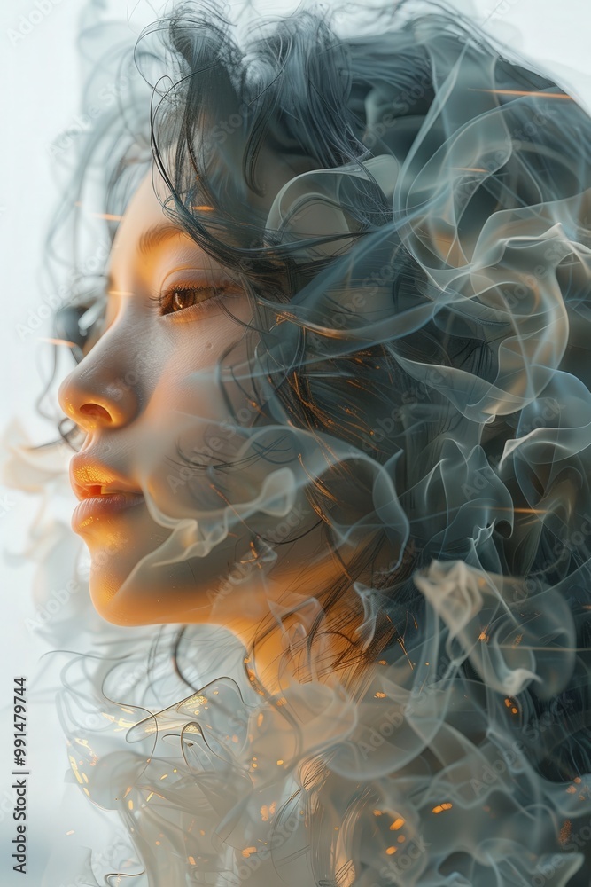 Fototapeta premium Artistic profile portrait of a woman with cascading black hair and ethereal smoke swirling around her, creating a dreamy and mysterious atmosphereportrait