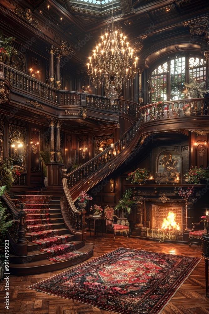 Obraz premium Opulent Grand Staircase in Luxurious Victorian Mansion with Ornate Chandelier, Fireplace, Rich Wood Paneling, and Red Carpet Stair Runnerluxury