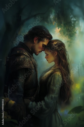 A romantic moment between a knight and lady in a serene forest at twilight
