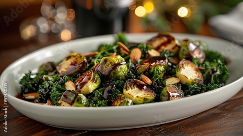 Saut?(C)ed kale and brussels sprouts with toasted almonds and balsamic glaze.