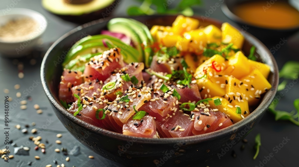 Seared tuna poke bowl with diced avocado, mango, and toasted sesame seeds. Seared tuna poke bowl with diced avocado, mango, and toasted sesame seeds.