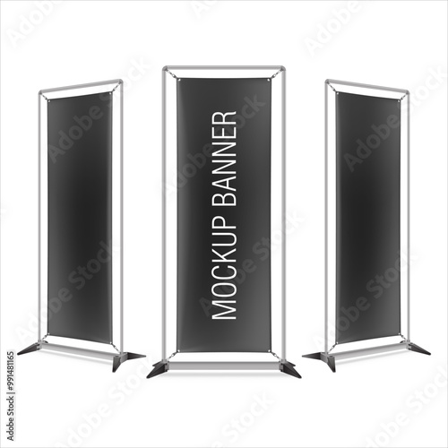 Banner Frame Stand. Vinyl. Black. Mockup. Vector. Isolated on white background. 