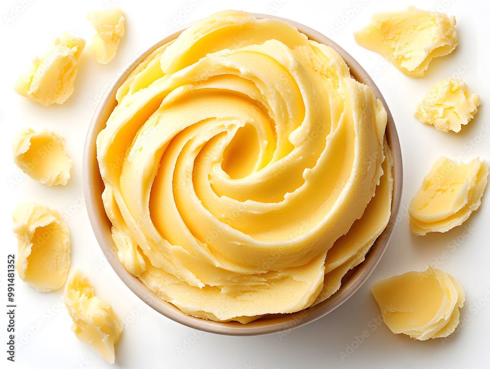 Top view yellow butter swirl isolated on white background Top view yellow butter swirl isolated on white background