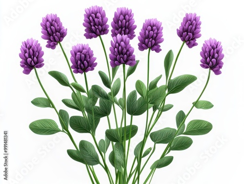 A beautiful cluster of vibrant purple flowers with lush green leaves, perfect for nature-themed designs and floral compositions, white background