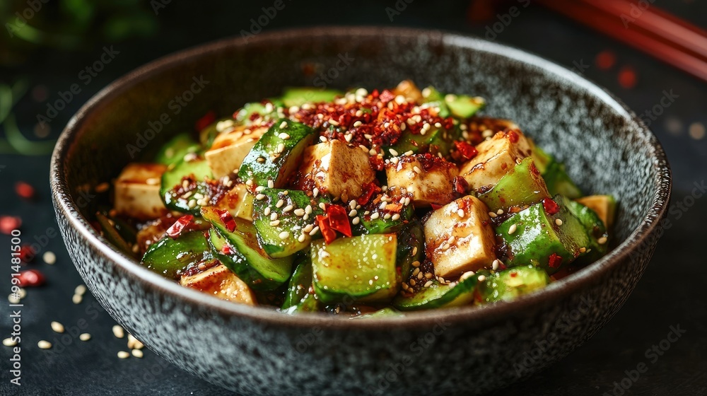 Close-up of a dish of bitter gourd stir-fry with tofu and chili flakes, served in a ceramic bowl on a dark background. Close-up of a dish of bitter gourd stir-fry with tofu and chili flakes, served in a ceramic bowl on a dark background.