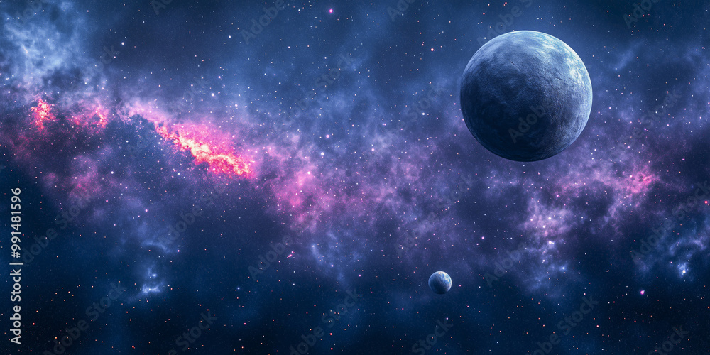 A massive planet orbits a distant star, surrounded by a nebula of vibrant hues. A massive planet orbits a distant star, surrounded by a nebula of vibrant hues.
