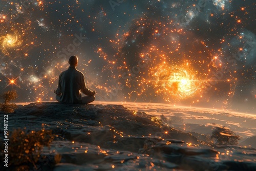 Zen Meditation at Night on Cliffside Overlooking Vast Galaxy with Swirling Stars and Nebulae Illuminating the Mystical UniverseMeditation