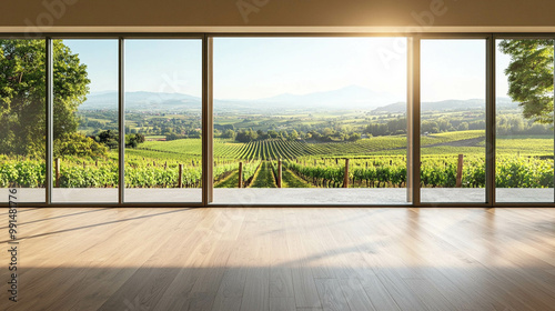 An empty living room with a bright large window with a vineyard landscape view