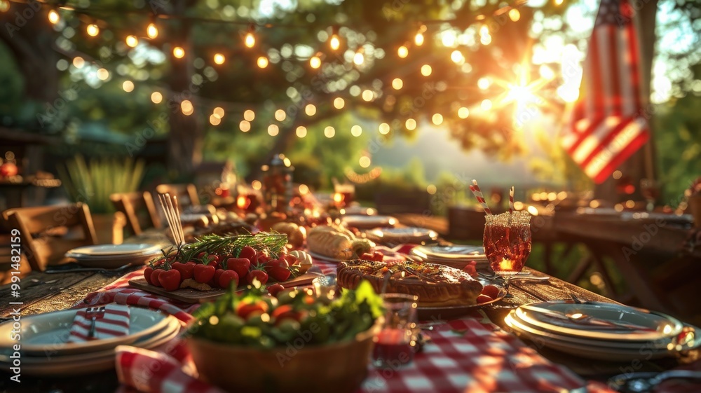 Festive Summer Outdoor Dining Setting with String Lights and American Flag, Celebrating with Fresh Salad, Pie, and Refreshing Drinks at SunsetFestive Festive Summer Outdoor Dining Setting with String Lights and American Flag, Celebrating with Fresh Salad, Pie, and Refreshing Drinks at SunsetFestive