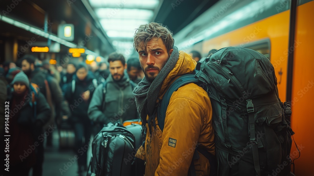 A man with a backpack looking back over his shoulder in a busy train station A man with a backpack looking back over his shoulder in a busy train station