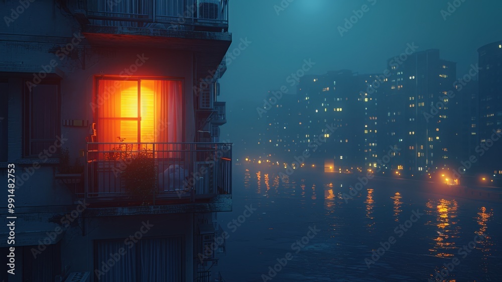Moody urban scene with illuminated window on foggy waterfront apartment at night, evoking solitude and mystery contrasted by distant glowing city lights reflecting on water surfacemoody Moody urban scene with illuminated window on foggy waterfront apartment at night, evoking solitude and mystery contrasted by distant glowing city lights reflecting on water surfacemoody